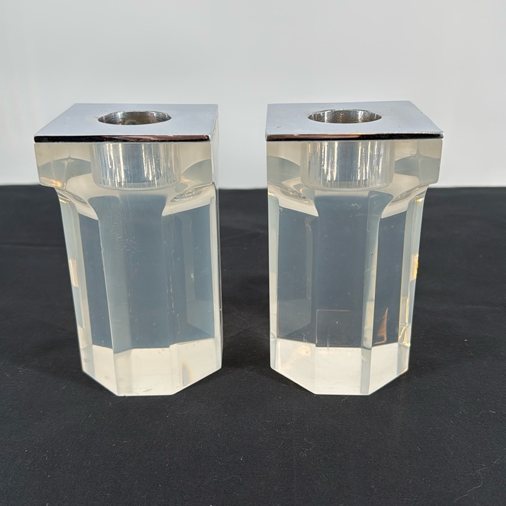 Vintage MCM Pair of Clear Acrylic Candle Holders